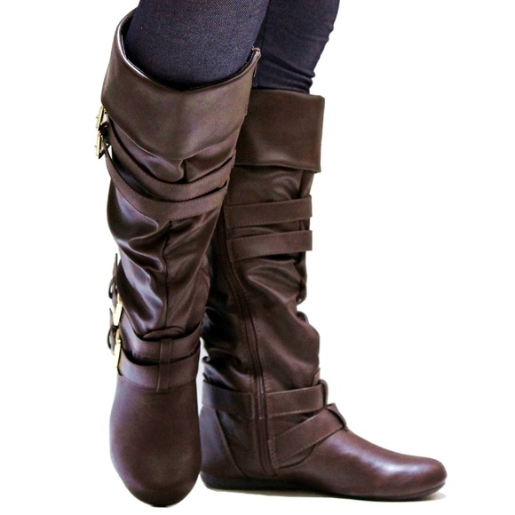New Brown Buckle Slouchy Knee High Riding Boots - Picture 3 of 3